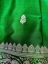 Green Banarasi saree in handloom banarasi mashru saree with muted gold zari on mashru handloom — Kaash Collection