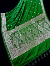 Green Banarasi saree in handloom banarasi mashru saree with muted gold zari on mashru handloom — Kaash Collection