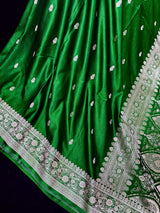 Green Banarasi saree in handloom banarasi mashru saree with muted gold zari on mashru handloom — Kaash Collection