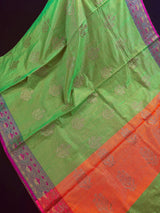 Green Color Soft Banarasi Cotton Tissue Silk Saree with Antqiue Zari | Floral Buttas | Cotton Silk Sarees | Paithani Style Borders - Kaash