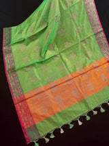 Green Color Soft Banarasi Cotton Tissue Silk Saree with Antqiue Zari | Floral Buttas | Cotton Silk Sarees | Paithani Style Borders - Kaash