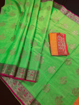 Green Color Soft Banarasi Cotton Tissue Silk Saree with Antqiue Zari | Floral Buttas | Cotton Silk Sarees | Paithani Style Borders - Kaash