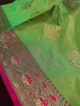 Green Color Soft Banarasi Cotton Tissue Silk Saree with Antqiue Zari | Floral Buttas | Cotton Silk Sarees | Paithani Style Borders - Kaash