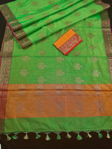 Green Color Soft Banarasi Cotton Tissue Silk Saree with Antqiue Zari | Floral Buttas | Cotton Silk Sarees | Paithani Style Borders - Kaash