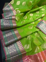 Green Color Soft Cotton Silk Saree with Buttas | Zari Weaving buttas with Banarasi Borders | Soft Cotton Silk Saree | Gift For Her - Kaash