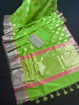 Green Color Soft Cotton Silk Saree with Buttas | Zari Weaving buttas with Banarasi Borders | Soft Cotton Silk Saree | Gift For Her - Kaash