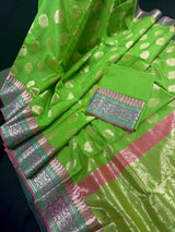 Green Color Soft Cotton Silk Saree with Buttas | Zari Weaving buttas with Banarasi Borders | Soft Cotton Silk Saree | Gift For Her - Kaash