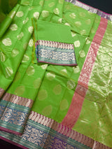 Green Color Soft Cotton Silk Saree with Buttas | Zari Weaving buttas with Banarasi Borders | Soft Cotton Silk Saree | Gift For Her - Kaash