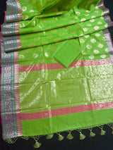 Green Color Soft Cotton Silk Saree with Buttas | Zari Weaving buttas with Banarasi Borders | Soft Cotton Silk Saree | Gift For Her - Kaash