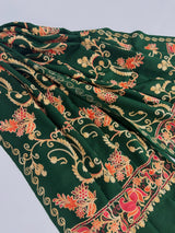 Bottle Green pashmina wool Kashmiri shawl with floral aari embroidery — Kaash Collection