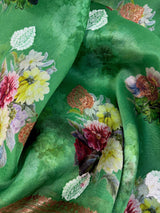 Silk Mark Certified Green Pure Banarasi Kora saree in pure banarasi kora organza silk with antique & silver zari handwoven — Kaash Collection