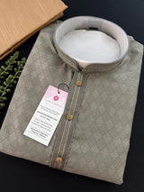 Greenish Grey men's kurta pajama in soft silk (non-pure) with designer self-weave pattern — Kaash Collection
