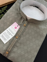 Greenish Grey men's kurta pajama in soft silk (non-pure) with designer self-weave pattern — Kaash Collection
