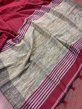 Grey and Maroon Linen Double Tone Saree with Ghicha Pallu | Bengal Sarees - Kaash