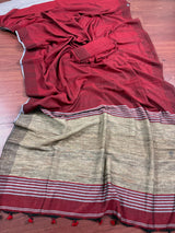 Grey and Maroon Linen Double Tone Saree with Ghicha Pallu | Bengal Sarees - Kaash