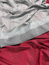 Grey and Maroon Linen Double Tone Saree with Ghicha Pallu | Bengal Sarees - Kaash