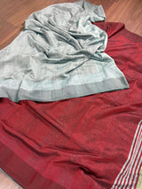 Grey and Maroon Linen Double Tone Saree with Ghicha Pallu | Bengal Sarees - Kaash