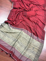 Grey and Maroon Linen Double Tone Saree with Ghicha Pallu | Bengal Sarees - Kaash