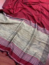 Grey and Maroon Linen Double Tone Saree with Ghicha Pallu | Bengal Sarees - Kaash