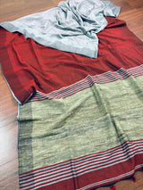 Grey and Maroon Linen Double Tone Saree with Ghicha Pallu | Bengal Sarees - Kaash