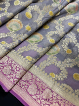 Grey and Mauve Pink Floral Jaal Pure Moonga Banarasi Silk Saree with Gold Muted Zari and Brush Paint - Kaash