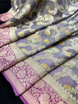 Grey and Mauve Pink Floral Jaal Pure Moonga Banarasi Silk Saree with Gold Muted Zari and Brush Paint - Kaash