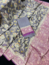 Grey and Mauve Pink Floral Jaal Pure Moonga Banarasi Silk Saree with Gold Muted Zari and Brush Paint - Kaash