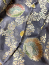 Grey and Mauve Pink Floral Jaal Pure Moonga Banarasi Silk Saree with Gold Muted Zari and Brush Paint - Kaash