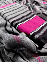 Grey Begumpuri Khaadi Striped saree in begumpuri pure khaadi cotton with stripes with temple-style borders — Kaash Collection