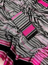 Grey Begumpuri Khaadi Striped saree in begumpuri pure khaadi cotton with stripes with temple-style borders — Kaash Collection