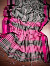 Grey Begumpuri Khaadi Striped saree in begumpuri pure khaadi cotton with stripes with temple-style borders — Kaash Collection