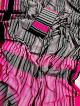 Grey Bengal Cotton Saree - Authentic Handloom Saree - Striped Saree - Kaash