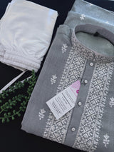 Grey Color 100 Percent Premium Cotton Kurta with Pajama - Kaash
