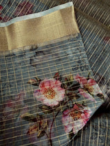 Grey Kora in Checks Pattern saree in banarasi kora organza silk with checks pattern with silver zari & digital floral — Kaash Collection