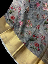 Grey Kora in Checks Pattern saree in banarasi kora organza silk with checks pattern with silver zari & digital floral — Kaash Collection