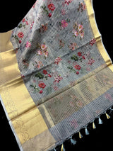 Grey Kora in Checks Pattern saree in banarasi kora organza silk with checks pattern with silver zari & digital floral — Kaash Collection