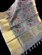 Grey Kora in Checks Pattern saree in banarasi kora organza silk with checks pattern with silver zari & digital floral — Kaash Collection