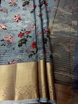 Grey Kora in Checks Pattern saree in banarasi kora organza silk with checks pattern with silver zari & digital floral — Kaash Collection