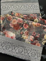 Grey Color Banarasi Organza Kora Silk Saree with Floral Digital Prints and Embroidery Work - Kaash