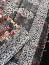 Grey Color Banarasi Organza Kora Silk Saree with Floral Digital Prints and Embroidery Work - Kaash