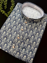 Grey Designer Party and Wedding Wear Men's Kurta with Digital Prints in Soft Butter Silk with Sequence Work - Kaash