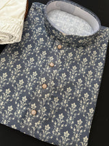 Grey Designer Party and Wedding Wear Men's Kurta with Digital Prints in Soft Butter Silk with Sequence Work - Kaash