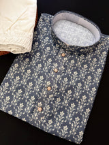 Grey Designer Party and Wedding Wear Men's Kurta with Digital Prints in Soft Butter Silk with Sequence Work - Kaash
