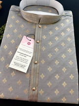 Grey with Gold Buttis men's kurta pajama in silk (non-pure) with embossed design with gold buttis — Kaash Collection