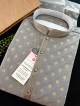 Grey with Gold Buttis men's kurta pajama in silk (non-pure) with embossed design with gold buttis — Kaash Collection