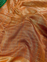 Silk Mark Certified Bottle Green & Orange Pure Raw Silk saree in pure raw silk with multi-border with mini checks & raindrops — Kaash Collection