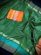 Silk Mark Certified Bottle Green & Orange Pure Raw Silk saree in pure raw silk with multi-border with mini checks & raindrops — Kaash Collection