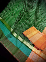 Silk Mark Certified Bottle Green & Orange Pure Raw Silk saree in pure raw silk with multi-border with mini checks & raindrops — Kaash Collection