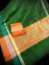Silk Mark Certified Bottle Green & Orange Pure Raw Silk saree in pure raw silk with multi-border with mini checks & raindrops — Kaash Collection