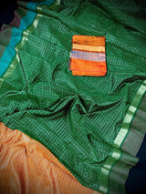 Silk Mark Certified Bottle Green & Orange Pure Raw Silk saree in pure raw silk with multi-border with mini checks & raindrops — Kaash Collection